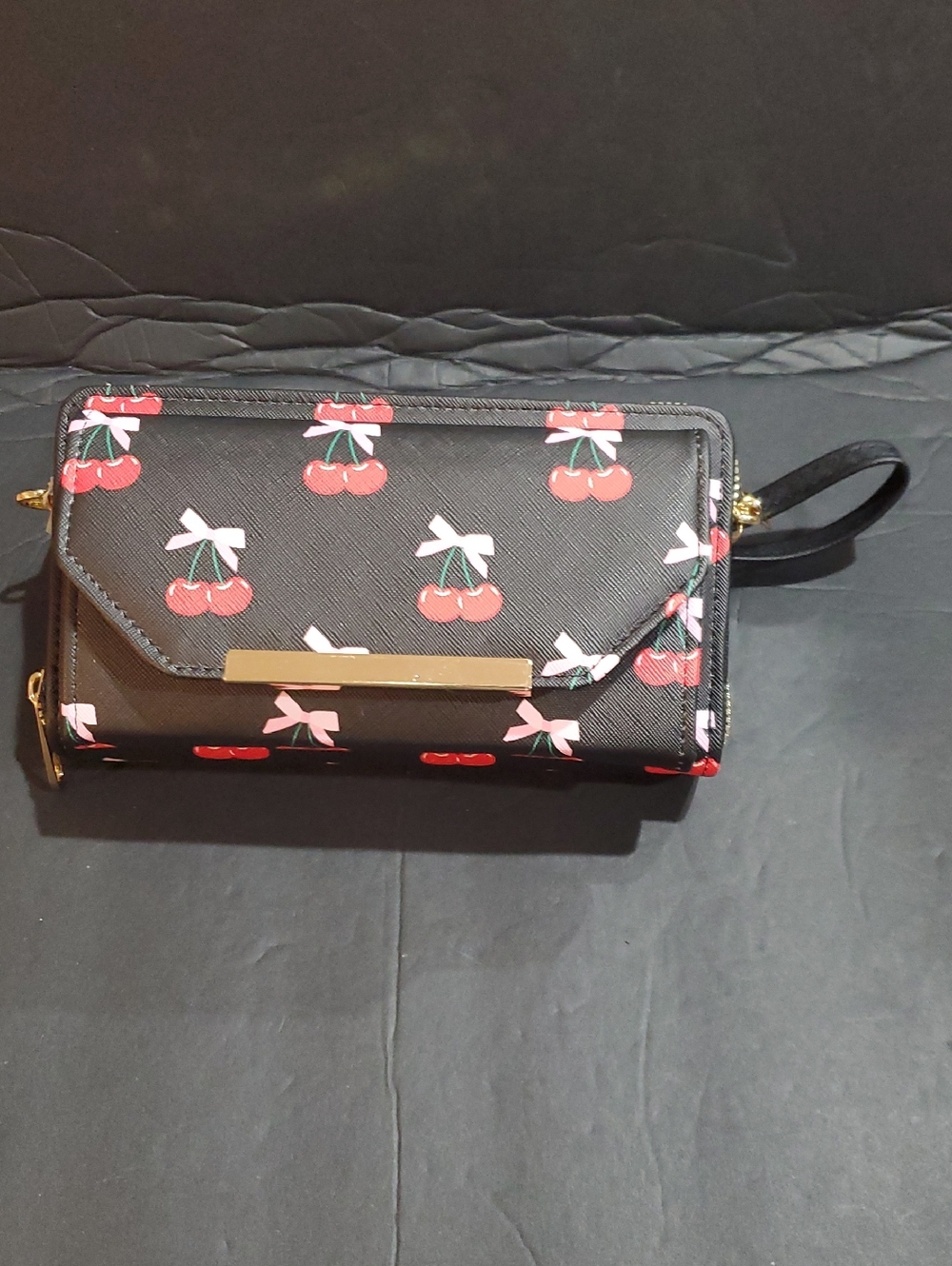 Pink bows and Red cherry printed coated canvas black crossbody wallet on a chain